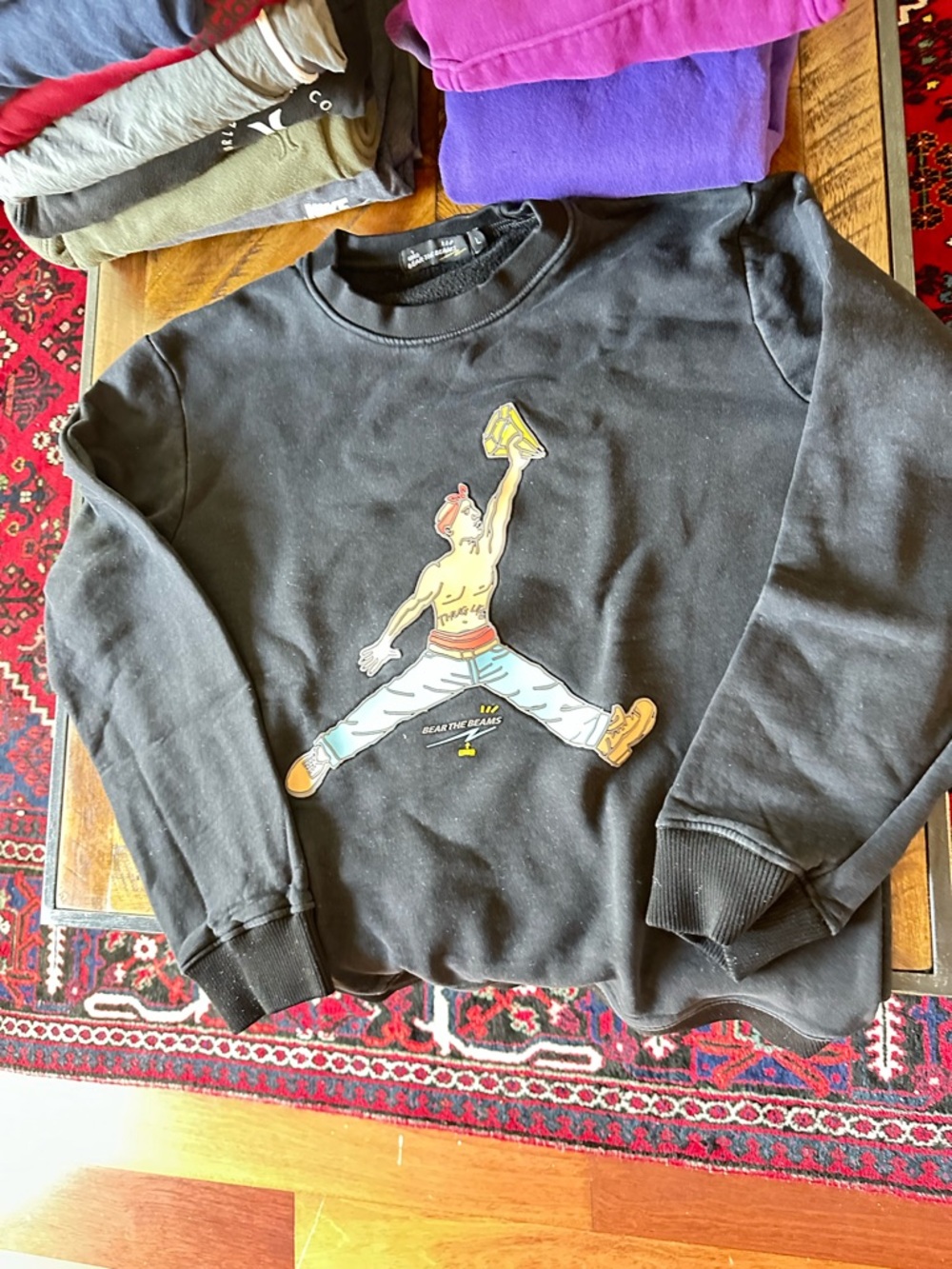 Black Graphic Crewneck Sweatshirt with Center Illustration